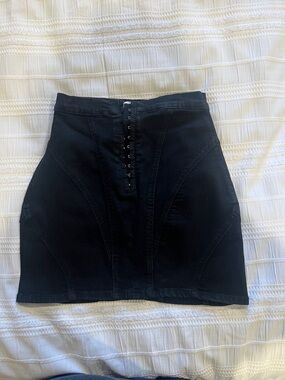 Zara Black Hook-Front Denim Mini Skirt